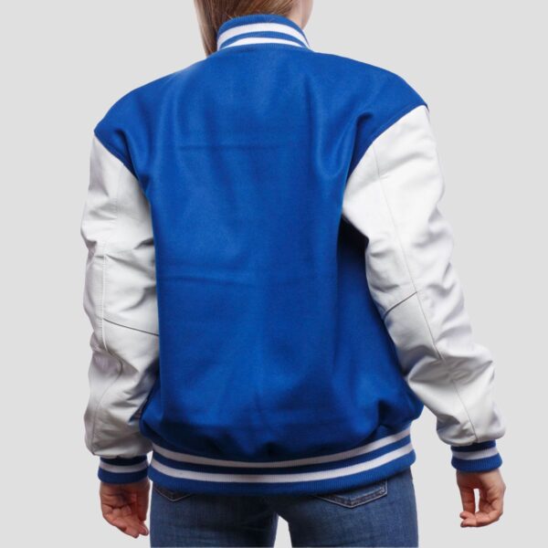 Scarlett Royal Blue Wool Body & White Leather Sleeves Varsity Jacket - Image 2