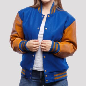 Sarah Royal Blue Wool Body & Old Gold Leather Sleeves Varsity Jacket