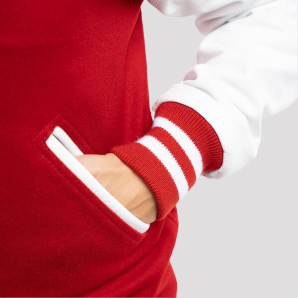 Elizabeth Red Wool Body & White Leather Sleeves Varsity Jacket - Image 3