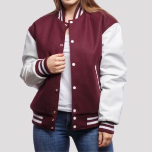 Luna Maroon Wool Body & White Leather Sleeves Varsity Jacket