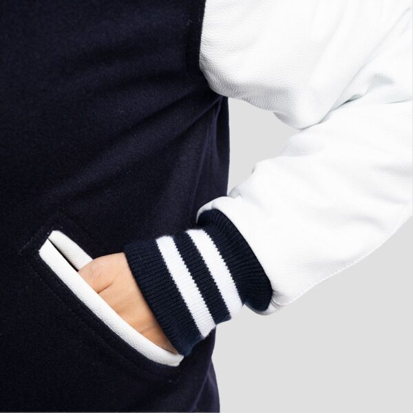 Violet Navy Blue Wool Body & White Leather Sleeves Varsity Jacket - Image 4
