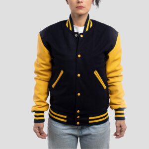 Isla Navy Blue Wool Body & Lemon Leather Sleeves Varsity Jacket