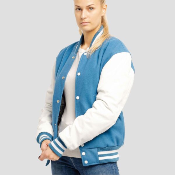 Ava Sky Blue Wool Body & White Leather Sleeves Varsity Jacket - Image 3