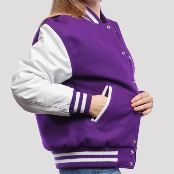 Sophia Purple Wool Body & White Leather Sleeves Varsity Jacket - Image 3