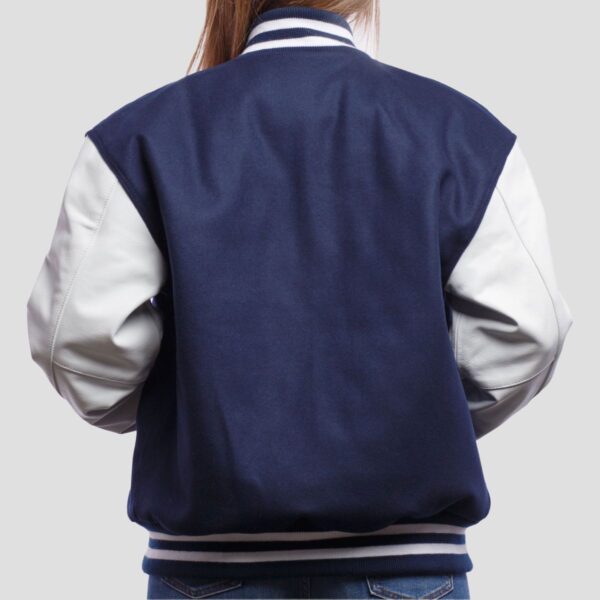 Evelyn Royal Blue Wool Body & White Leather Sleeves Varsity Jacket - Image 2