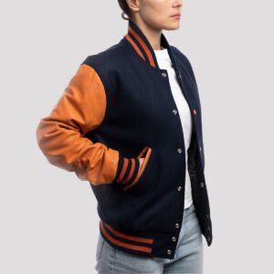 Lily Royal Blue Wool Body & Orange Leather Sleeves Varsity Jacket