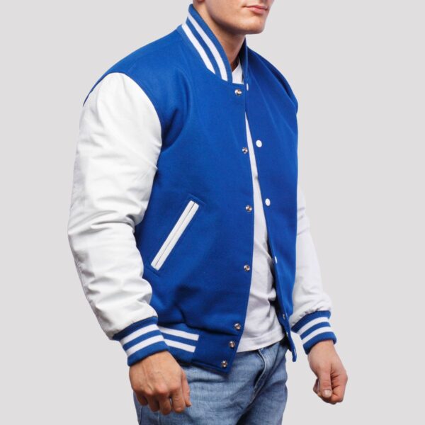Michael Royal Blue wool body & White leather sleeves Varsity Jacket - Image 3