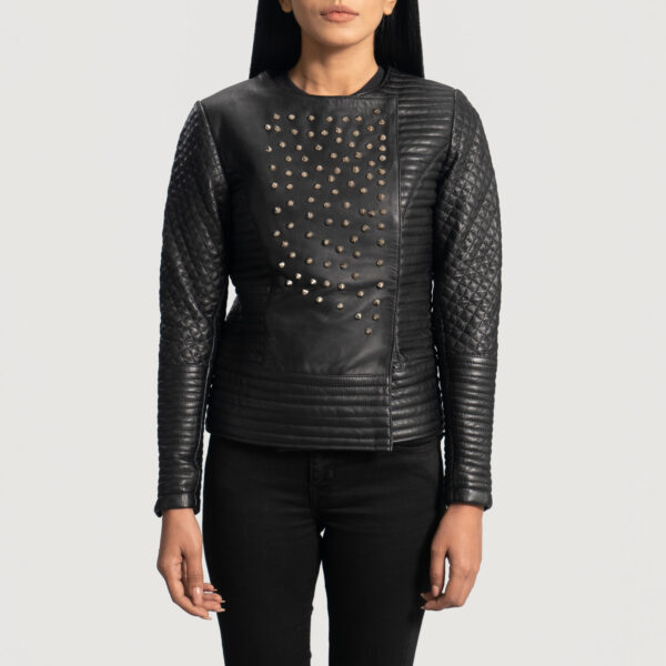 Sarah Black Studded Leather Biker Jacket - Image 2