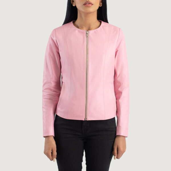 Olivia Pink Collarless Leather Biker Jacket - Image 3