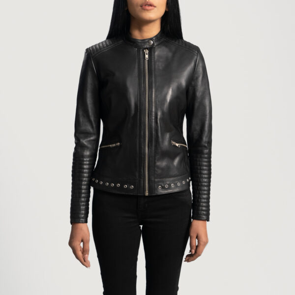 Violet Black Leather Biker Jacket - Image 3
