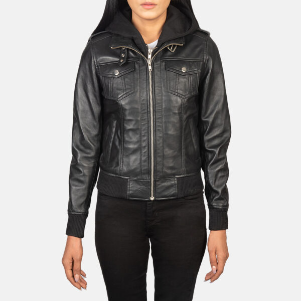 Levy Black Hooded Leather Bomber Jacket - Image 3