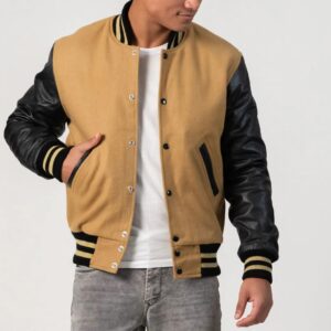 Asher Camel wool body & Black leather sleeves Varsity Jacket