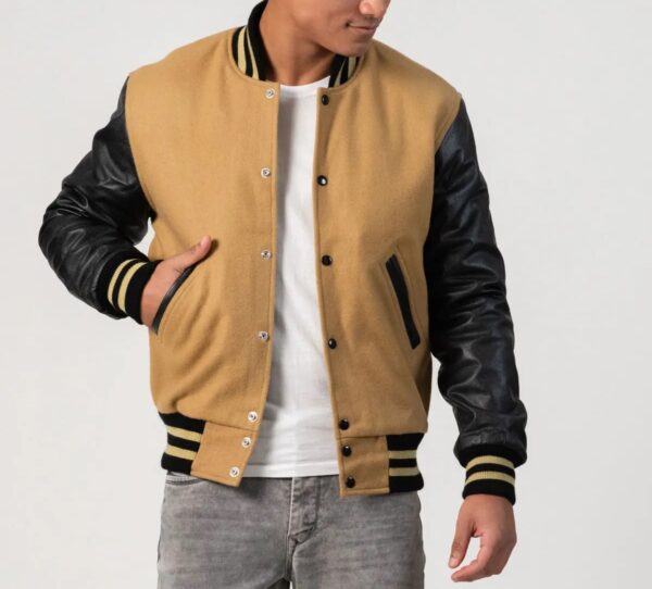 Asher Camel wool body & Black leather sleeves Varsity Jacket