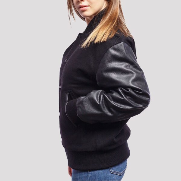 Charlotte Black Wool Body & Black Leather Sleeves Varsity Jacket - Image 4