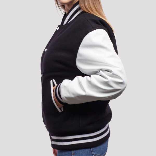 Mia Black Wool Body & White Leather Sleeves Varsity Jacket - Image 4
