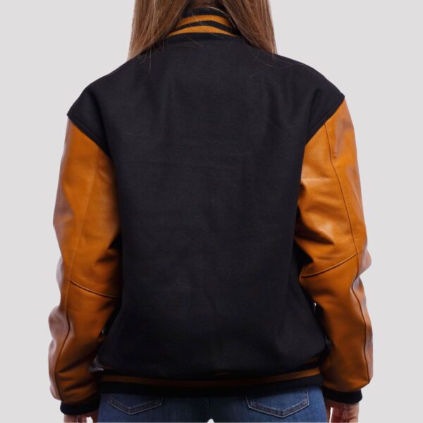 Isabella Black Wool Body & Old Gold Leather Sleeves Varsity Jacket - Image 2