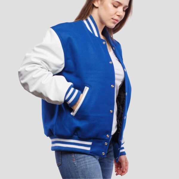 Scarlett Royal Blue Wool Body & White Leather Sleeves Varsity Jacket - Image 4