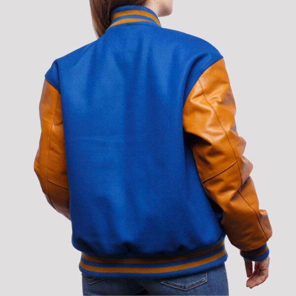 Sarah Royal Blue Wool Body & Old Gold Leather Sleeves Varsity Jacket - Image 2