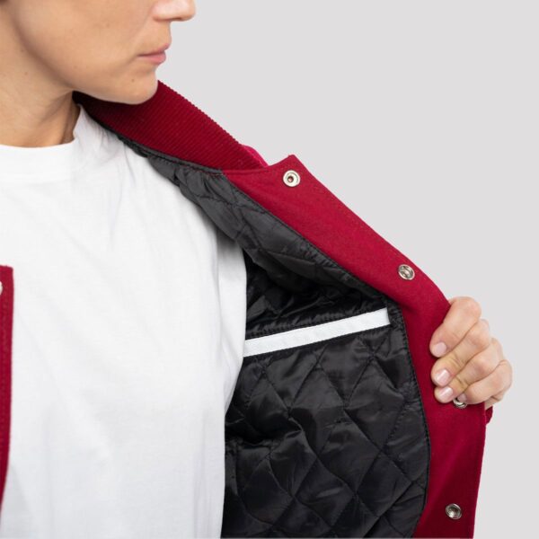 Amelia Cardinal Red Wool Body & White Leather Sleeves Varsity Jacket - Image 3