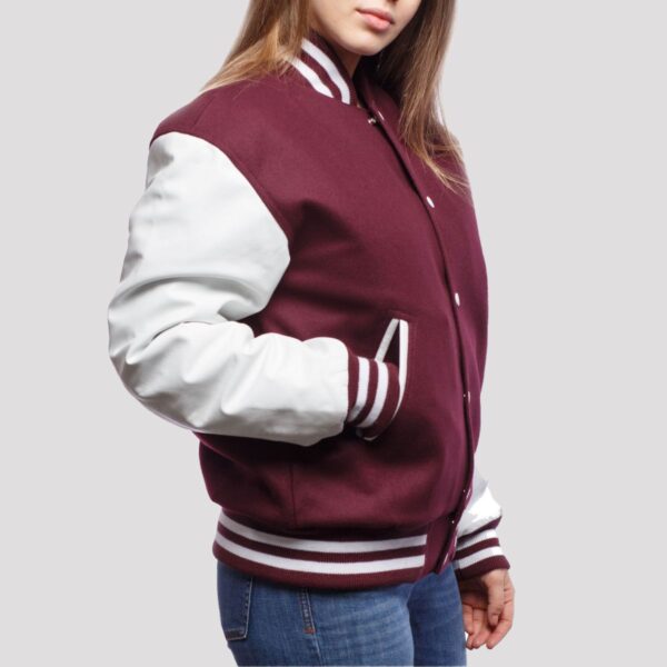 Luna Maroon Wool Body & White Leather Sleeves Varsity Jacket - Image 4