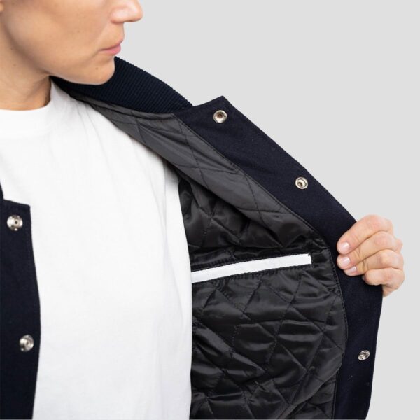 Violet Navy Blue Wool Body & White Leather Sleeves Varsity Jacket - Image 3