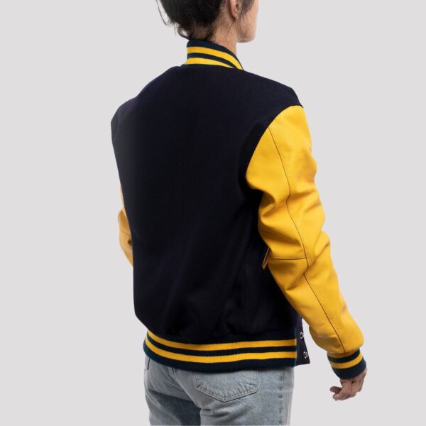 Isla Navy Blue Wool Body & Lemon Leather Sleeves Varsity Jacket - Image 2