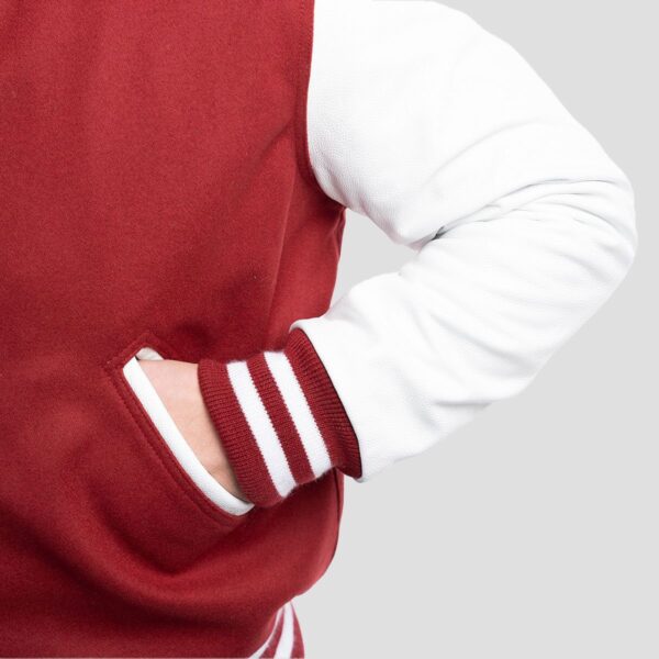 Noah Cardinal Red Wool Body & White Leather Sleeves Varsity Jacket - Image 4