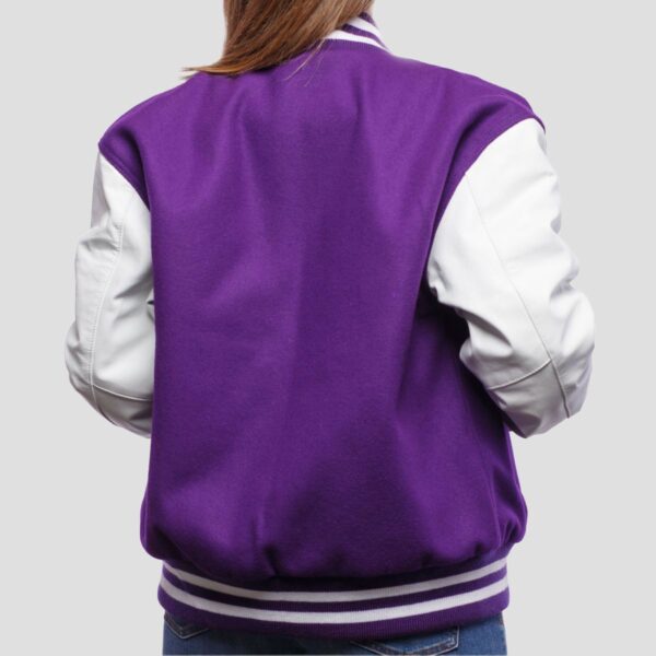 Sophia Purple Wool Body & White Leather Sleeves Varsity Jacket - Image 2