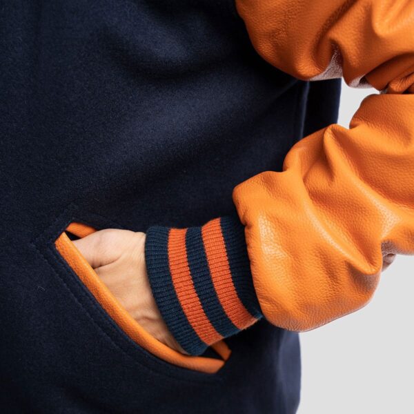 Lily Royal Blue Wool Body & Orange Leather Sleeves Varsity Jacket - Image 4
