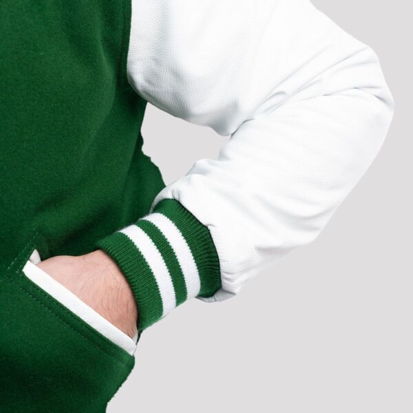Matthew Kelly Green Wool Body & White Leather Sleeves Varsity Jacket - Image 4