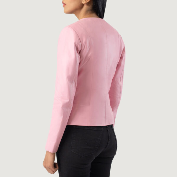 Olivia Pink Collarless Leather Biker Jacket - Image 2