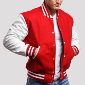 Jack Scarlet Wool Body & White Leather Sleeves Varsity Jacket
