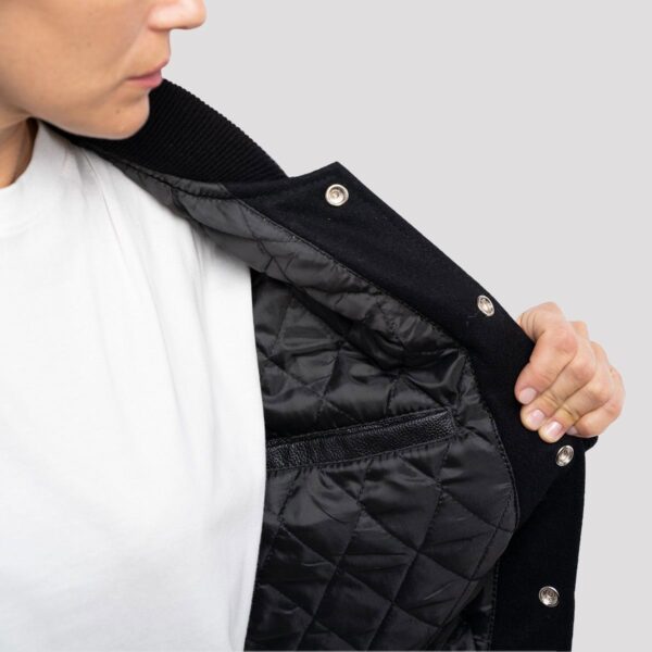 Emily All Black with Orange Stripes Varsity Jacket - Image 4
