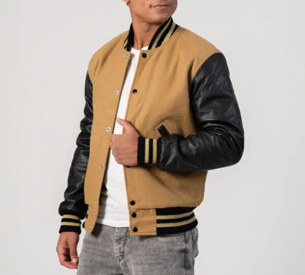 Asher Camel wool body & Black leather sleeves Varsity Jacket - Image 3