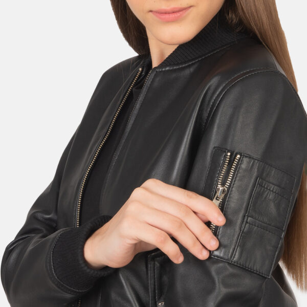 Mia Black Leather Bomber Jacket - Image 5