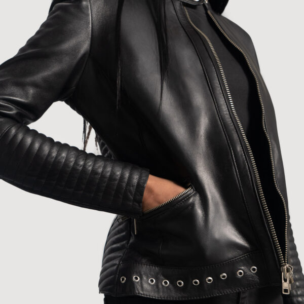 Violet Black Leather Biker Jacket - Image 5