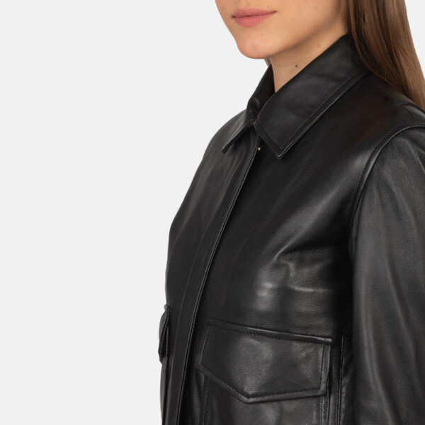 Rose Black Leather Bomber Jacket - Image 5