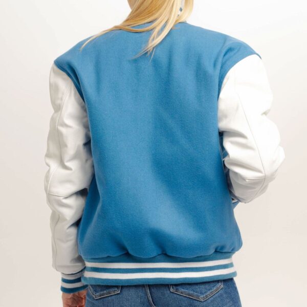 Ava Sky Blue Wool Body & White Leather Sleeves Varsity Jacket - Image 2