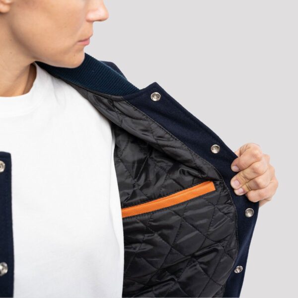 Lily Royal Blue Wool Body & Orange Leather Sleeves Varsity Jacket - Image 3