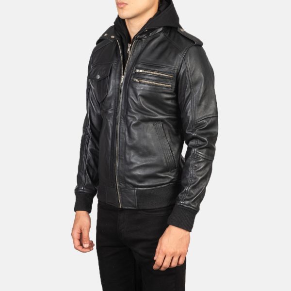 Noah Black Hooded Leather Bomber Jacket - Image 3