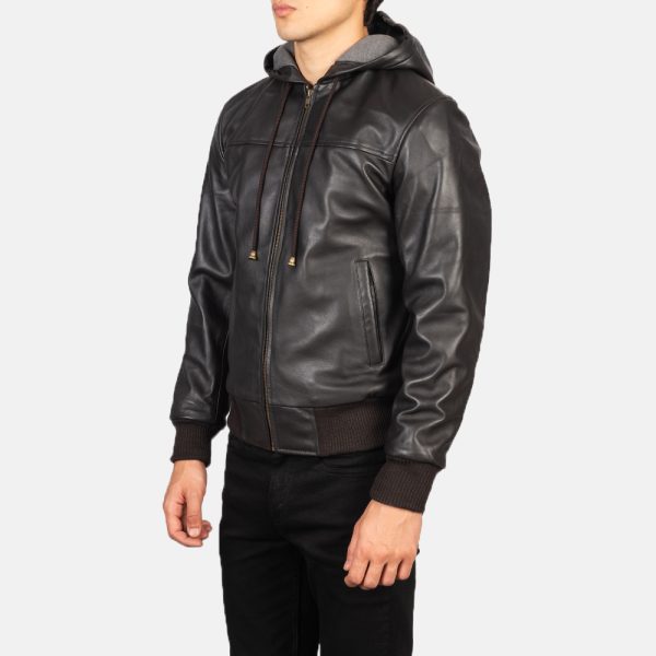 Lucas Brown Hooded Leather Bomber Jacket - Image 4
