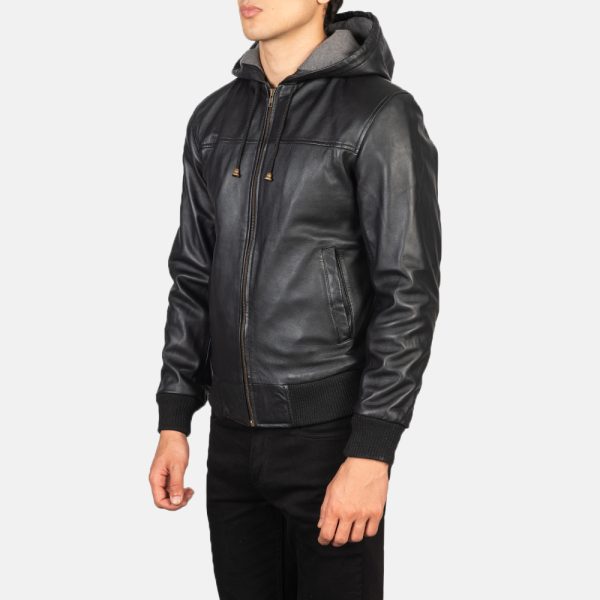Lucas Black Hooded Leather Bomber Jacket - Image 3
