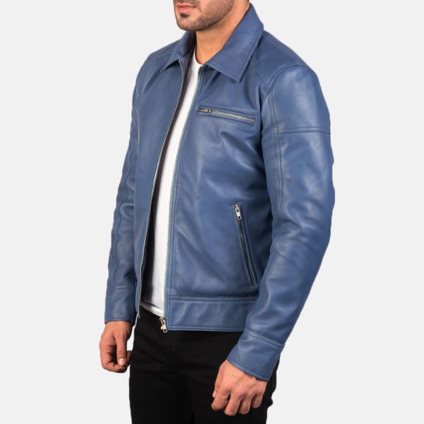 Matthew Blue Leather Biker Jacket - Image 3