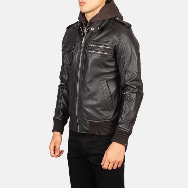 Noah Brown Hooded Leather Bomber Jacket - Image 3