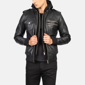 Noah Black Hooded Leather Bomber Jacket