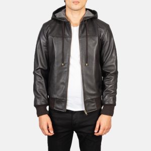 Lucas Brown Hooded Leather Bomber Jacket