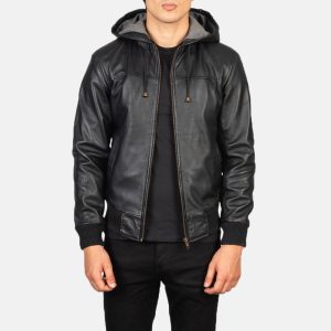 Lucas Black Hooded Leather Bomber Jacket