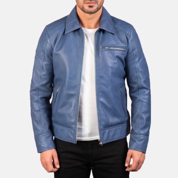 Matthew Blue Leather Biker Jacket - Image 2