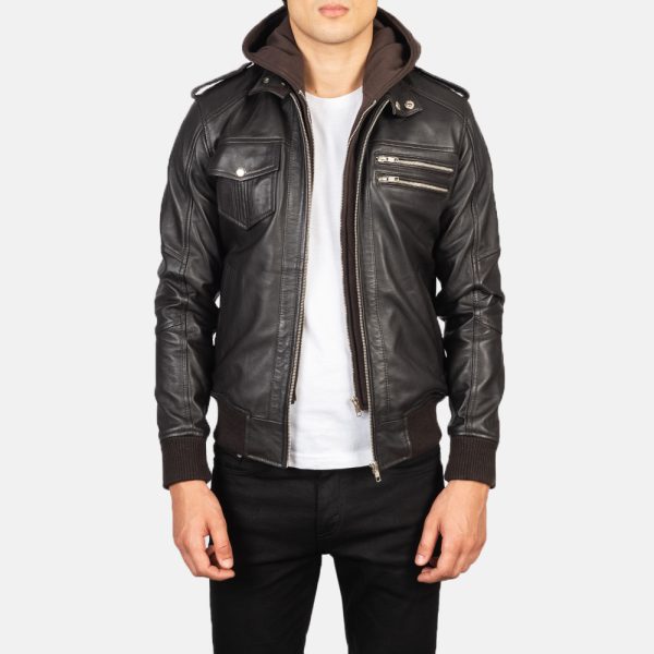 Noah Brown Hooded Leather Bomber Jacket