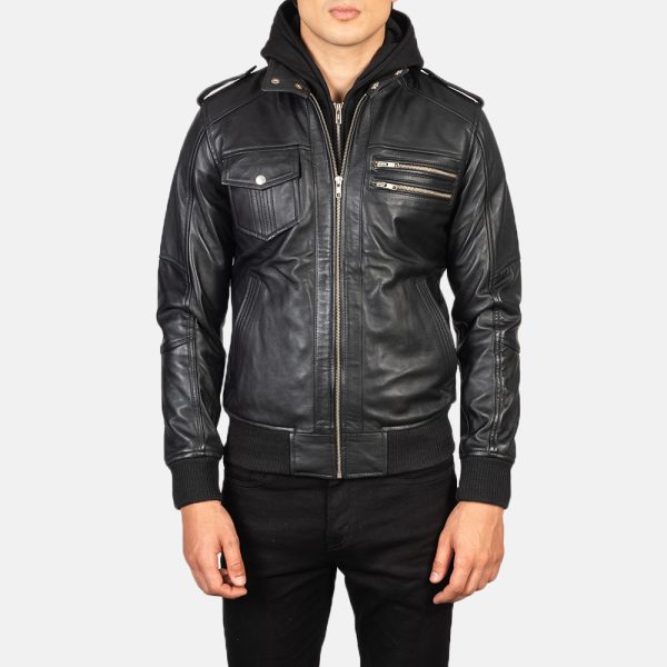 Noah Black Hooded Leather Bomber Jacket - Image 2